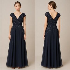 Christina WU Elegance Style 17950 Navy Beaded Chiffon Gown Size 4